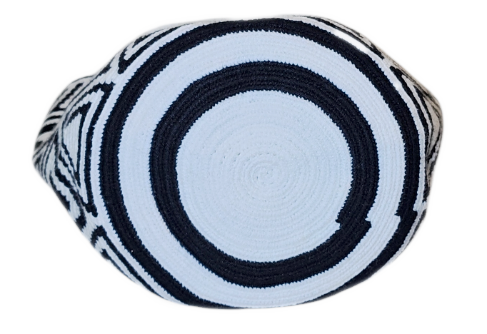 "Handmade colorful Wayuu crochet bag with vibrant patterns and short handle, embodying Wayuu culture and artisan craftsmanshi