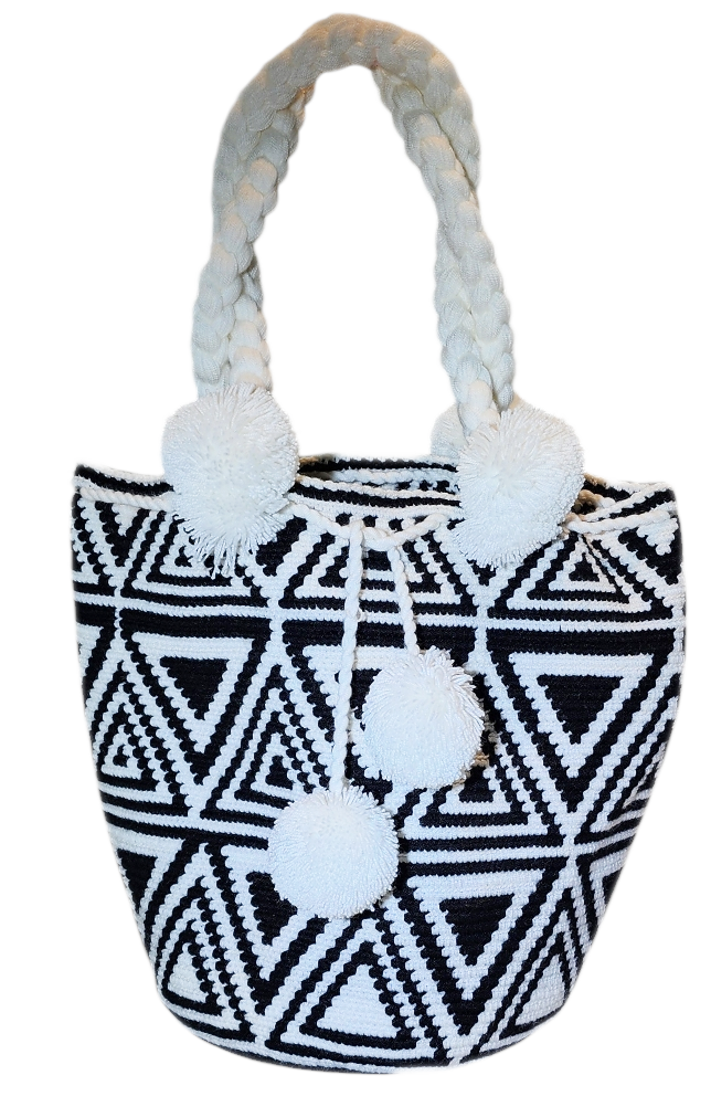 "Handmade colorful Wayuu crochet bag with vibrant patterns and short handle, embodying Wayuu culture and artisan craftsmanshi
