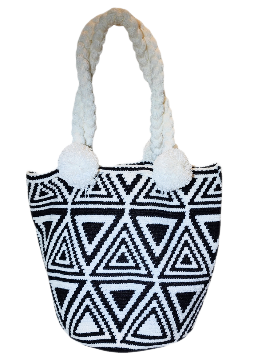 Bottom view "Handmade colorful Wayuu crochet bag with vibrant patterns and short handle, embodying Wayuu culture and artisan craftsmanshi