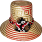 "Handmade colorful Wayuu hat from Colombia and Venezuela, crafted from Iraca palm fibers, decorated with symbolic pompoms."