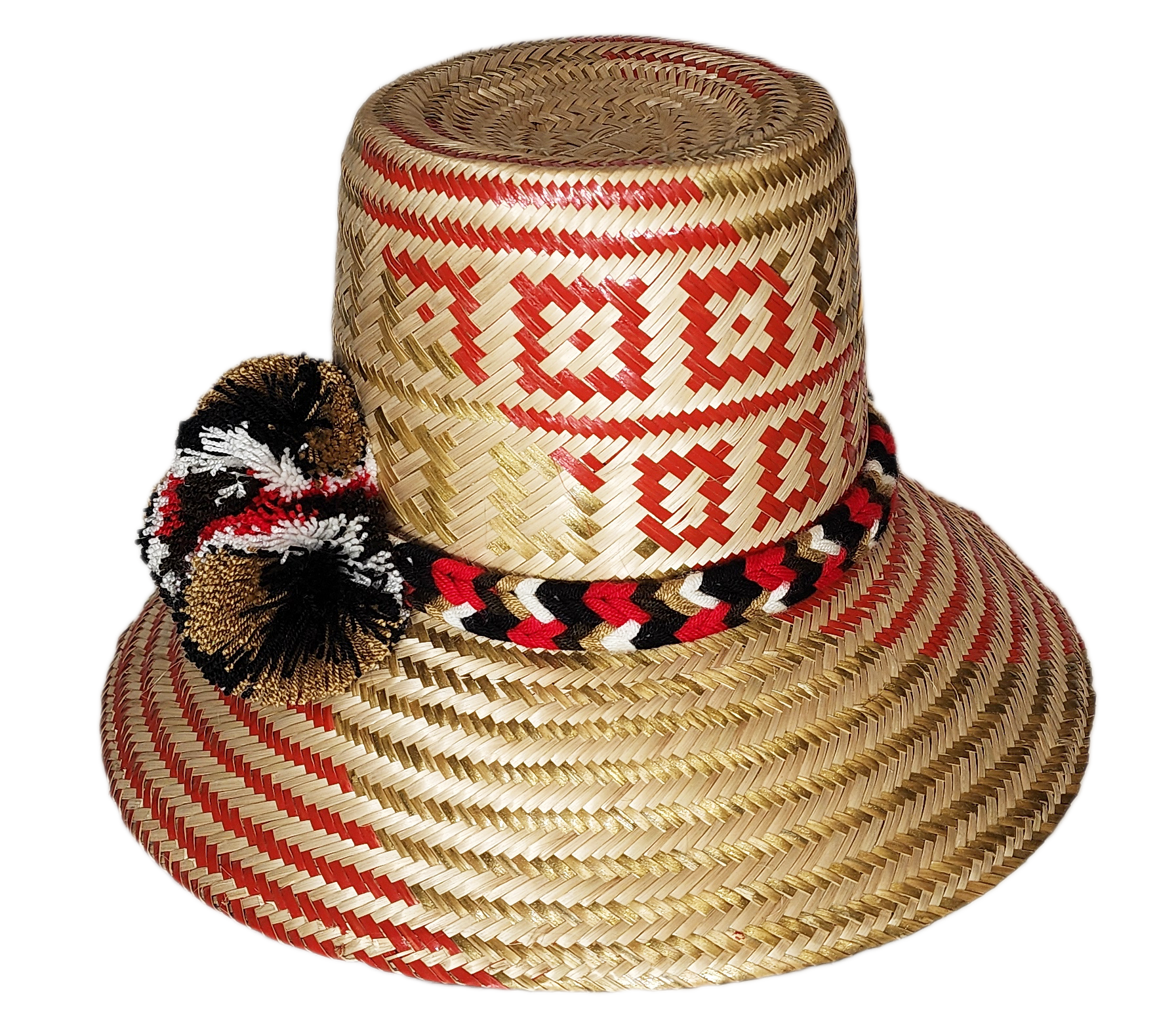 "Handmade colorful Wayuu hat from Colombia and Venezuela, crafted from Iraca palm fibers, decorated with symbolic pompoms."