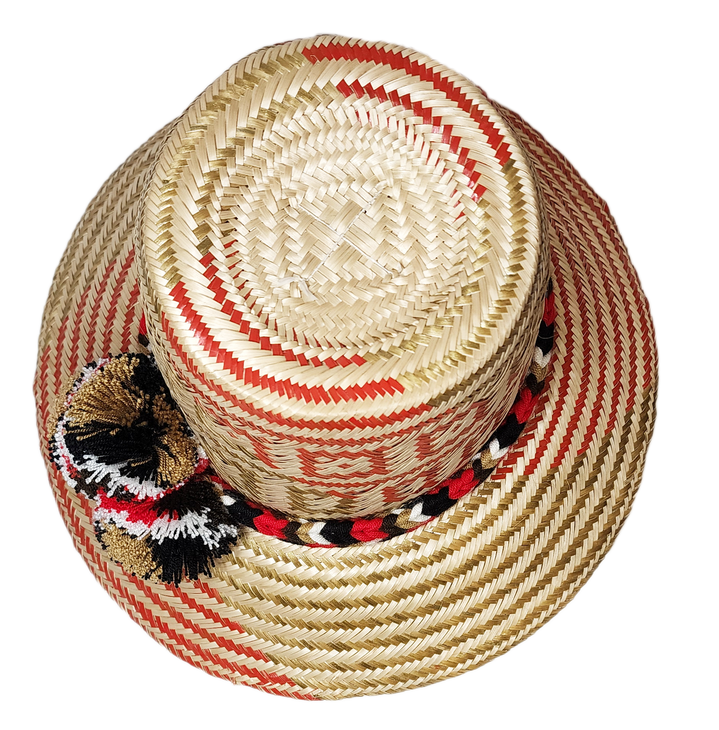 "Handmade colorful Wayuu hat from Colombia and Venezuela, crafted from Iraca palm fibers, decorated with symbolic pompoms."