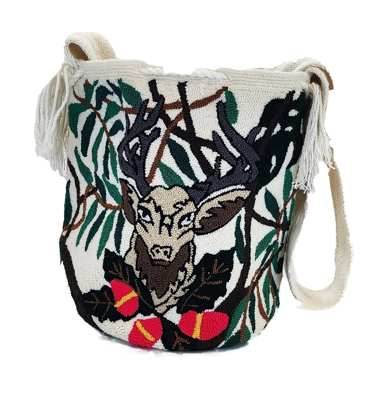 Bottom view Crochet colorful Wayuu crossbody featuring a deer in nature scene