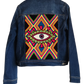 "Handmade denim jacket with vibrant punch needle embroidery on the back, showcasing unique artisan craftsmanship."