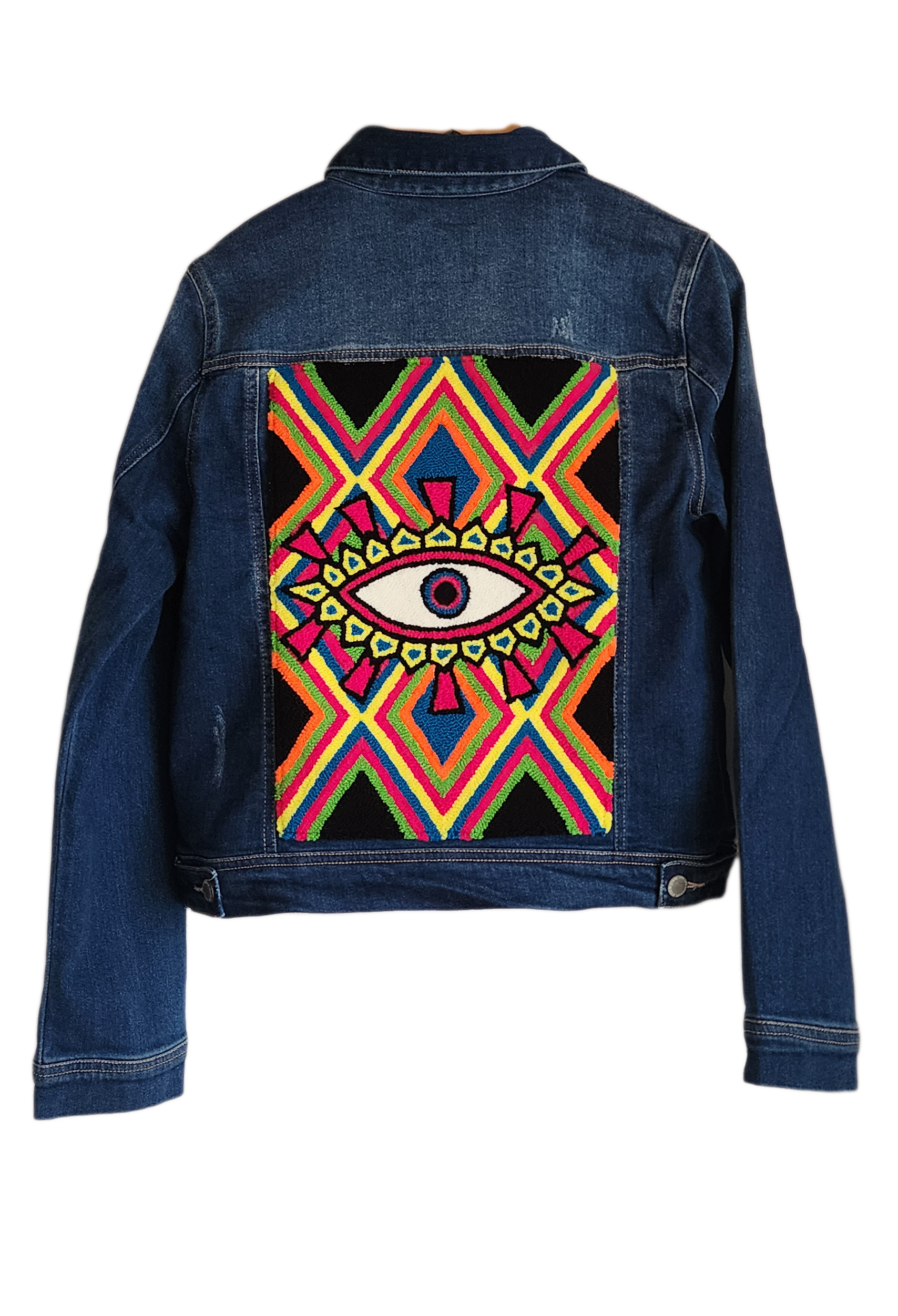 "Handmade denim jacket with vibrant punch needle embroidery on the back, showcasing unique artisan craftsmanship."
