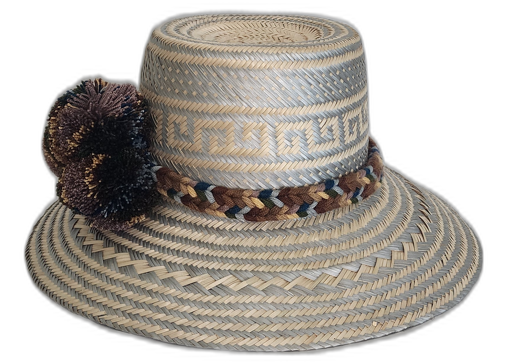 Neutral Boho Chick hat with beige, brown, and black braided design