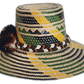 Earthy Boho Chick straw hat with geometric pattern and pompoms