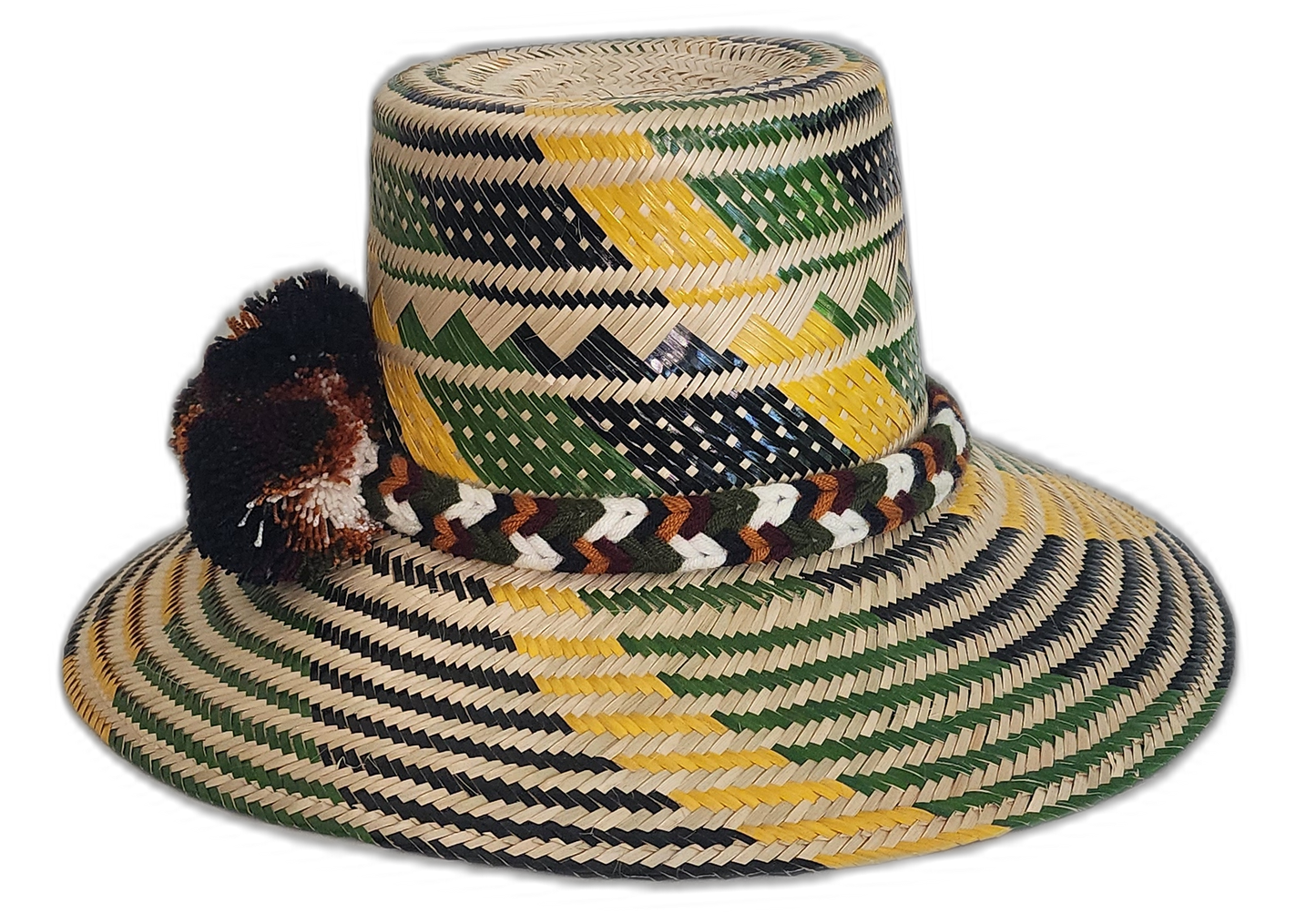 Earthy Boho Chick straw hat with geometric pattern and pompoms
