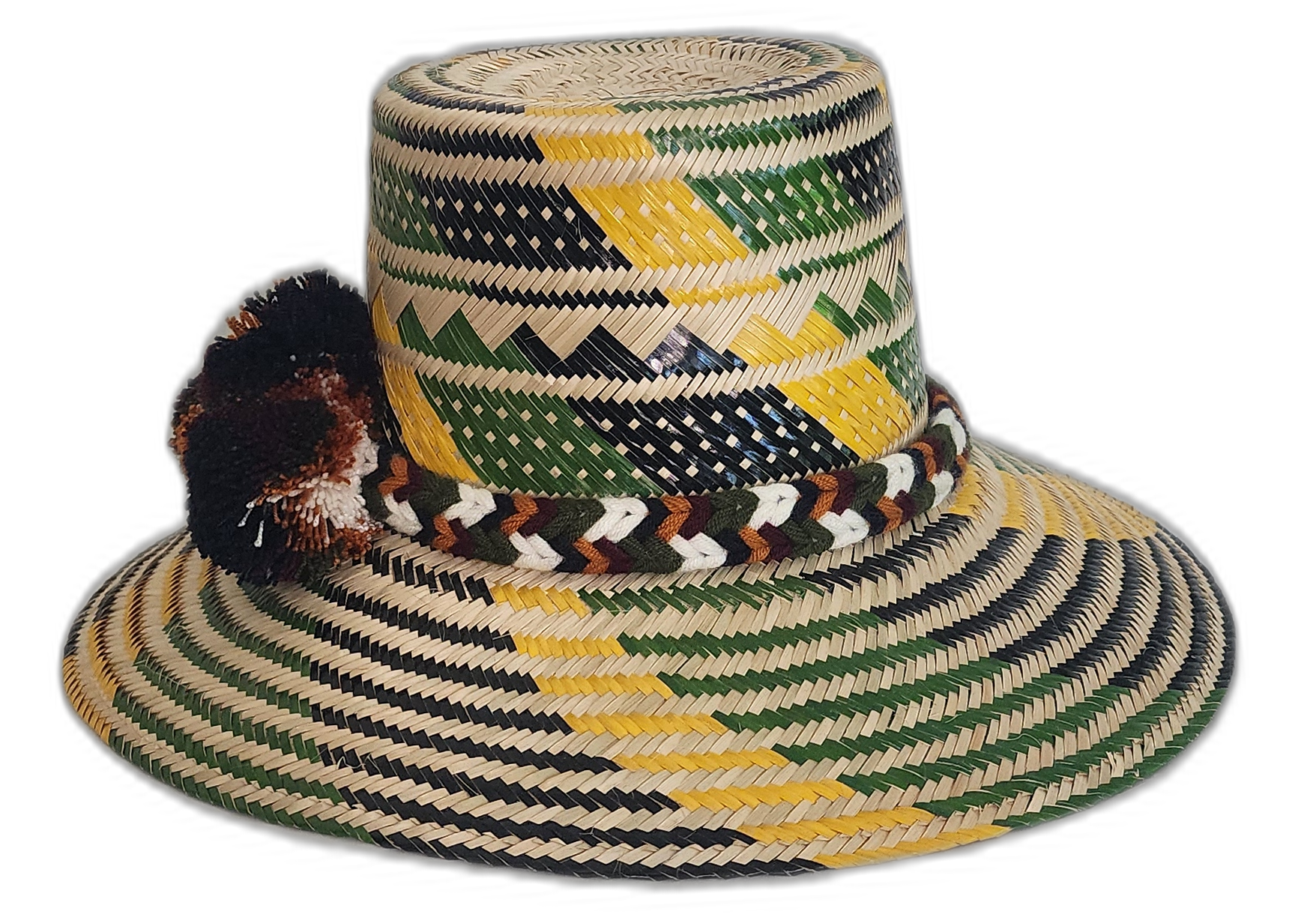 Earthy Boho Chick straw hat with geometric pattern and pompoms