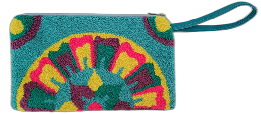 Bohemian crochet clutch with teal background and punch needle floral pattern

