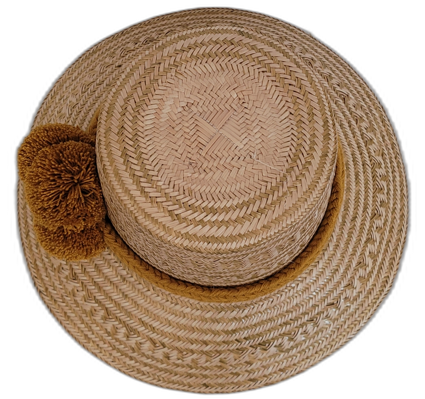 Elegant light straw Wayuu hat featuring bold ochre-colored pompoms.

