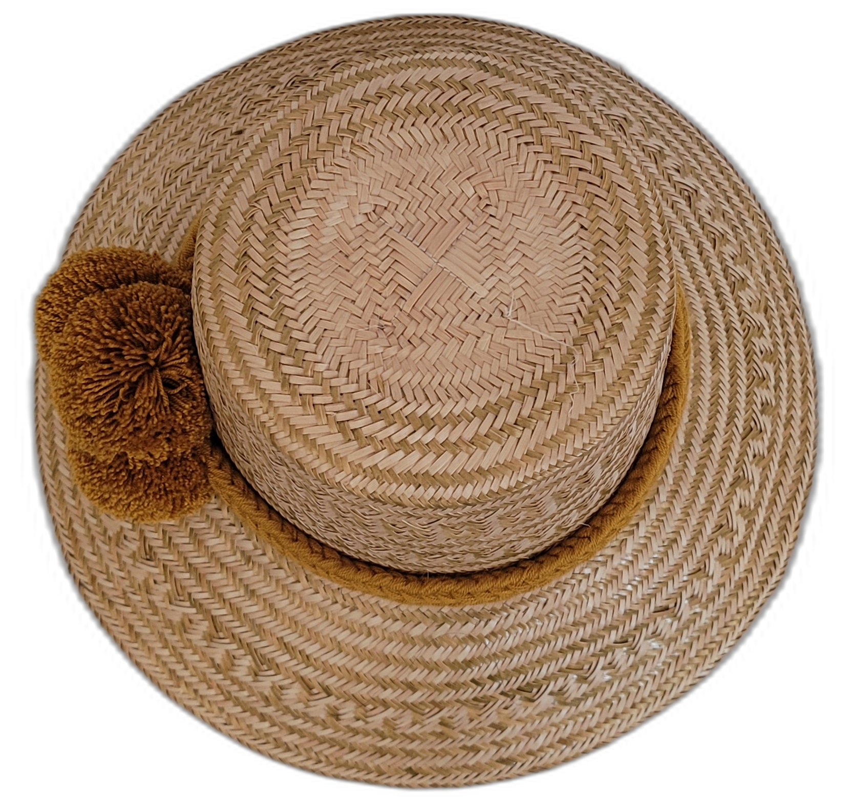 Elegant light straw Wayuu hat featuring bold ochre-colored pompoms.

