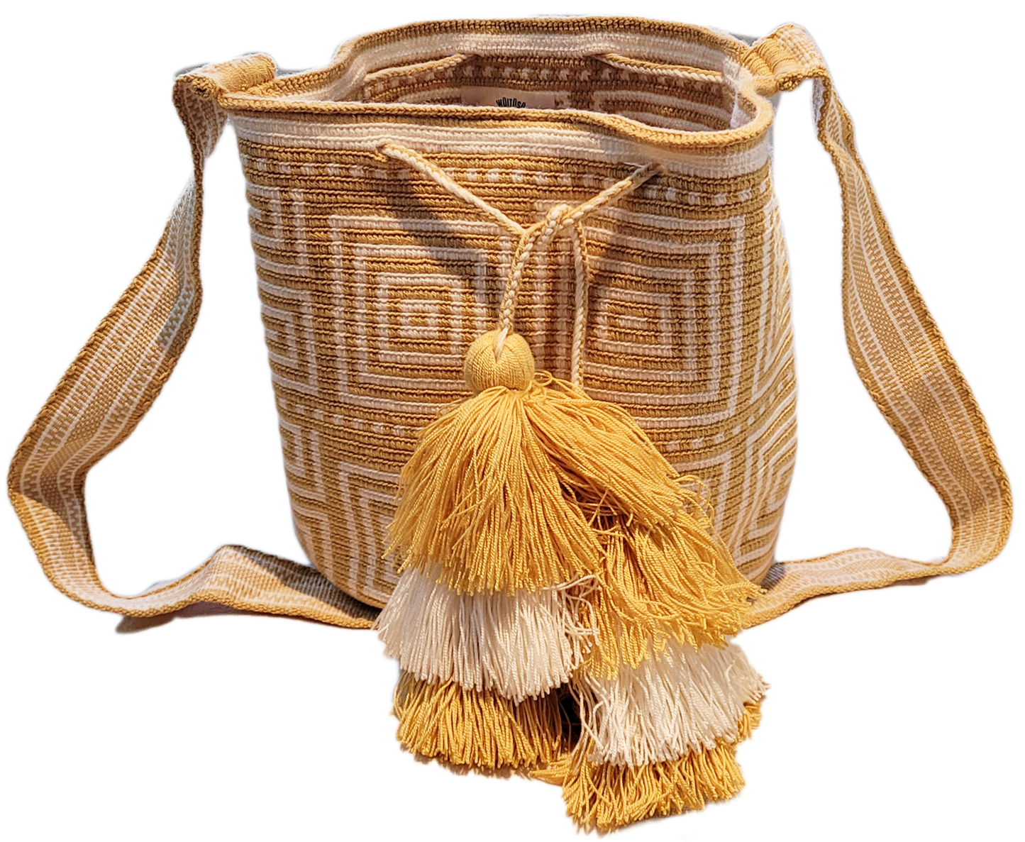 Handmade Paleteada Wayuu crochet bag with colorful geometric patterns, crafted by Wuitusu artisans using vegan materials.