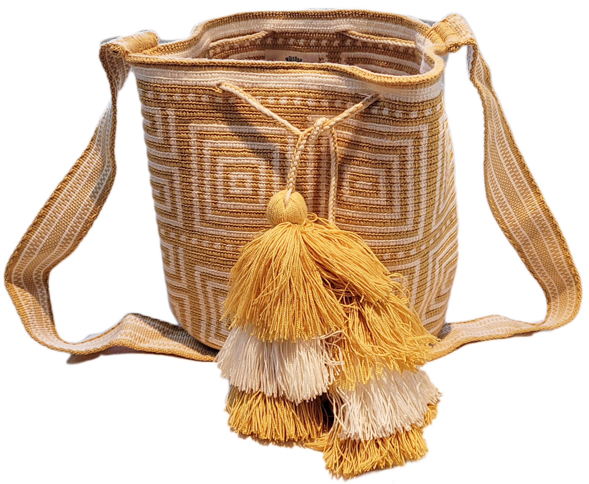 Handmade Paleteada Wayuu crochet bag with colorful geometric patterns, crafted by Wuitusu artisans using vegan materials.