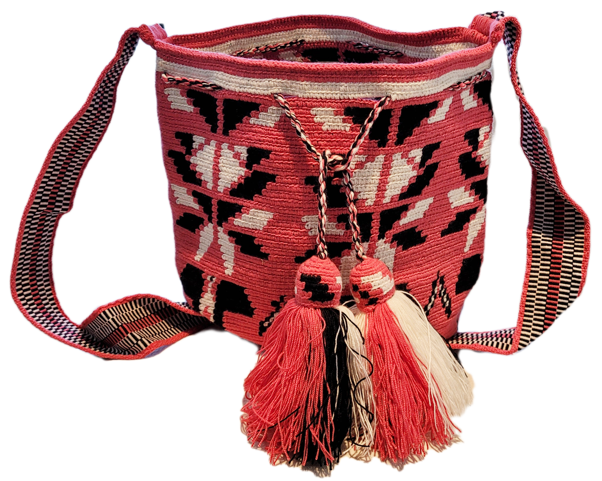 "Handmade Paleteada Crochet Wayuu Bag with colorful geometric patterns, crafted by the Wayuu tribes, featuring a versatile st