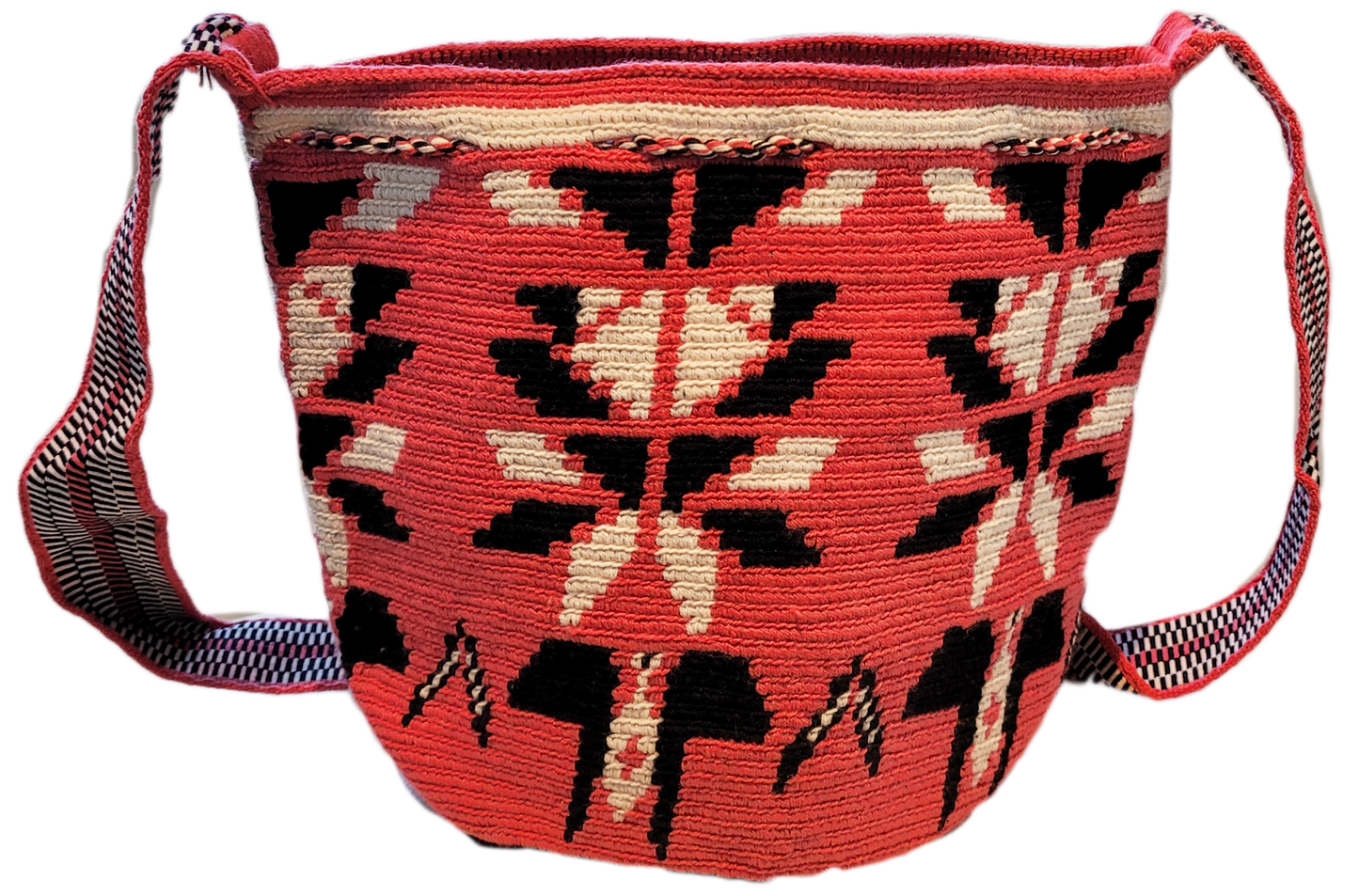"Handmade Paleteada Crochet Wayuu Bag with colorful geometric patterns, crafted by the Wayuu tribes, featuring a versatile st