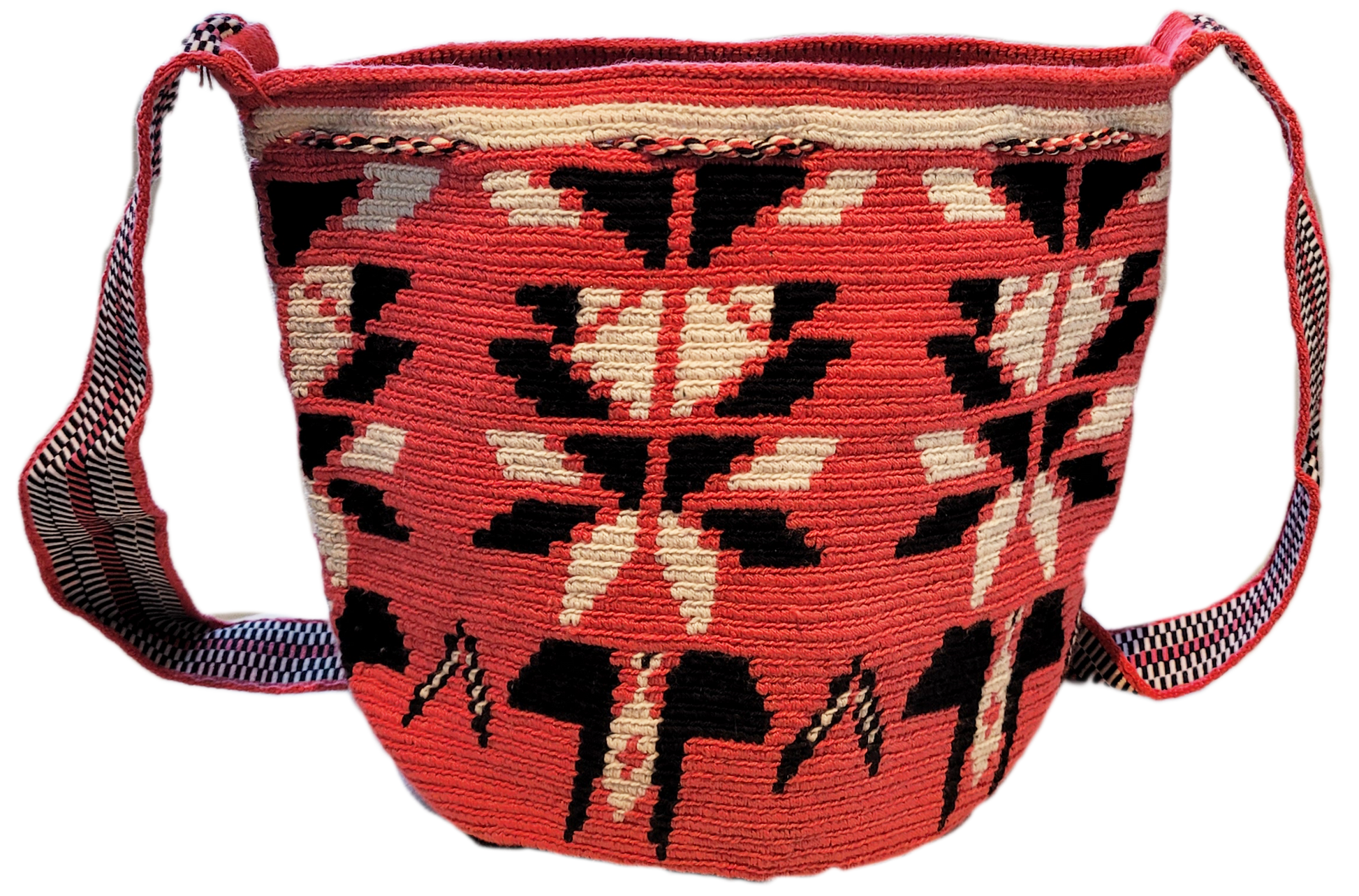 Bottom view "Handmade Paleteada Crochet Wayuu Bag with colorful geometric patterns, crafted by the Wayuu tribes, featuring a versatile st
