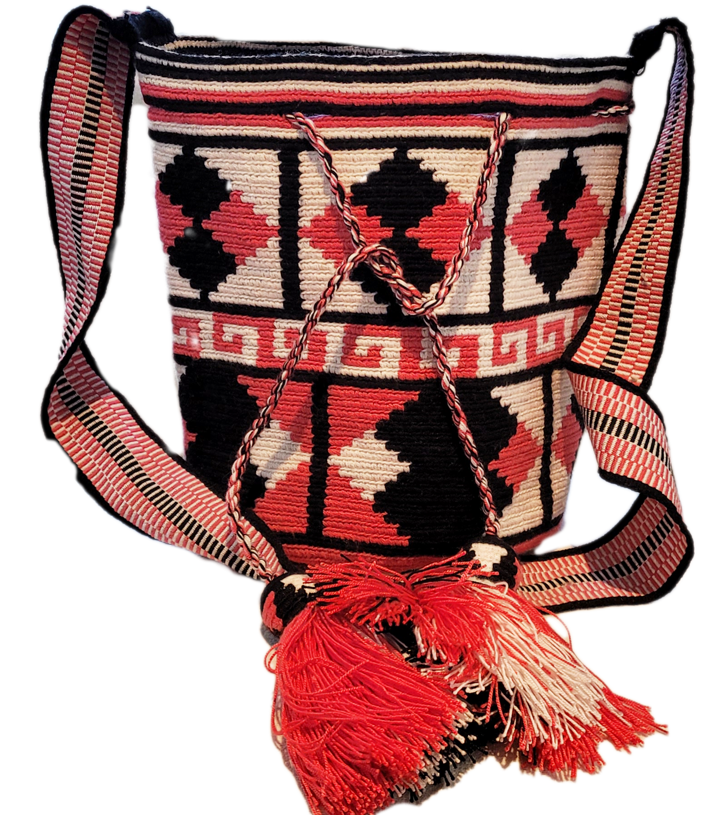 "Handmade Paleteada Wayuu crochet bag, colorful and bohemian, crafted by Colombian and Venezuelan artisans."