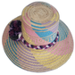 Lavender and pink Bohemian straw hat with deep purple pompom detail