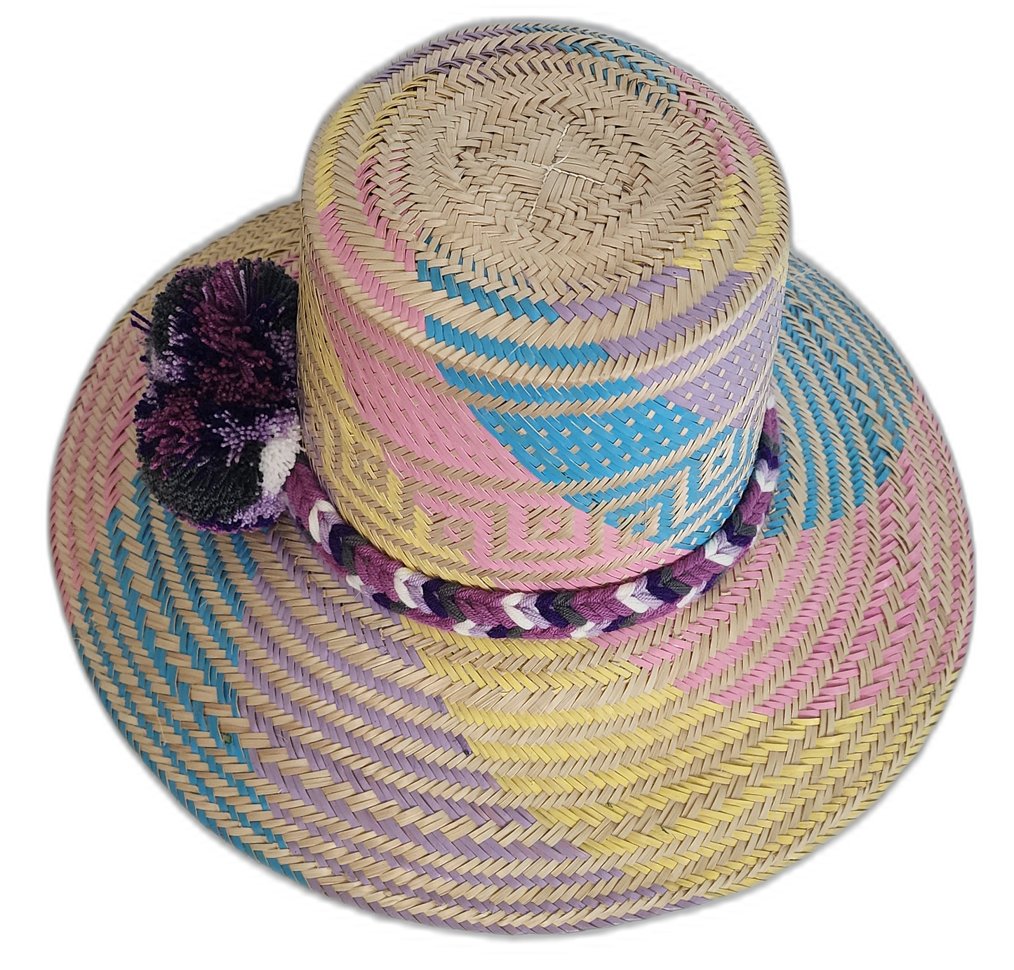 Lavender and pink Bohemian straw hat with deep purple pompom detail