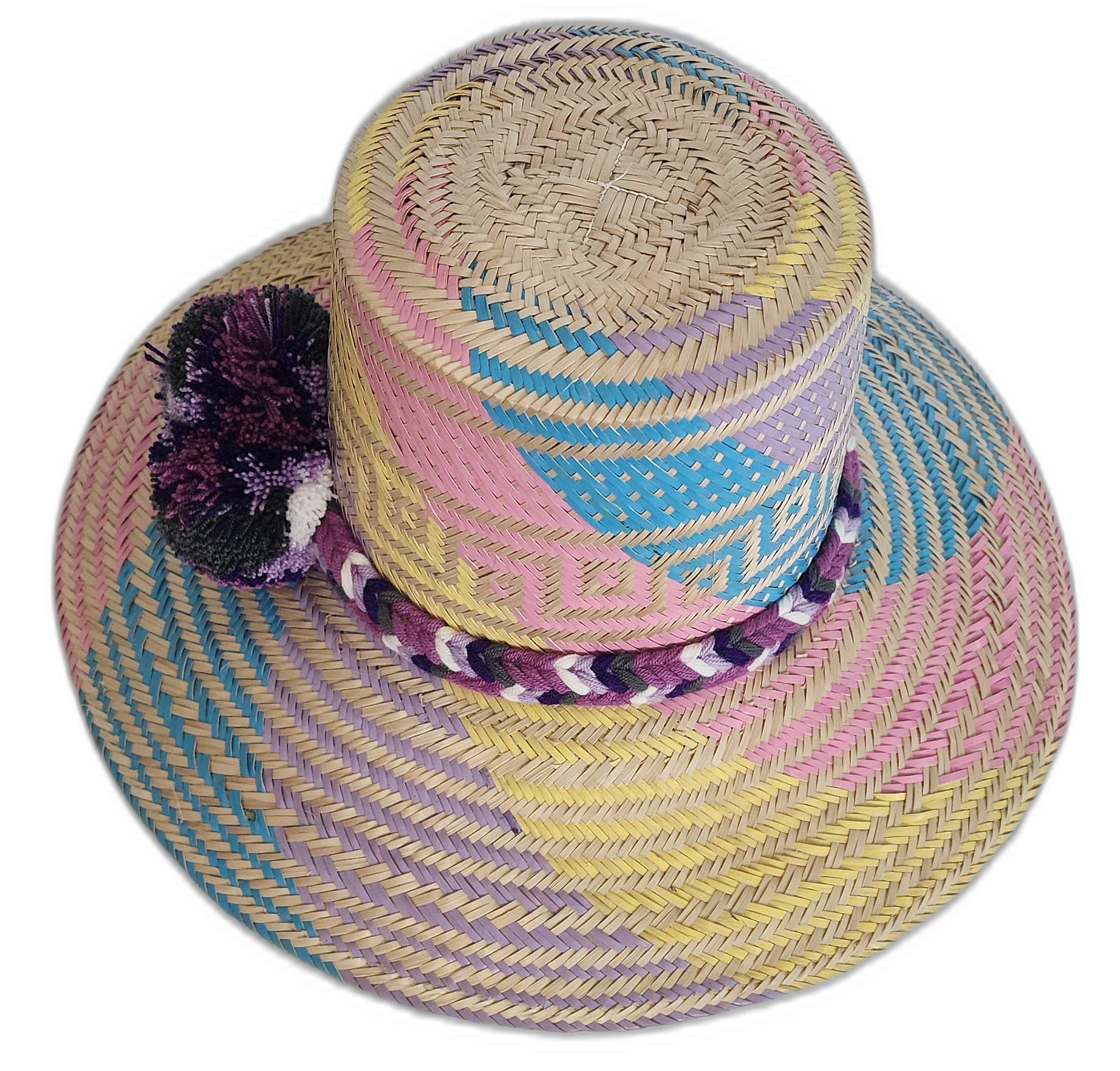 Lavender and pink Bohemian straw hat with deep purple pompom detail