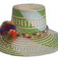 Colorful Boho straw hat with bold geometric patterns and pompoms