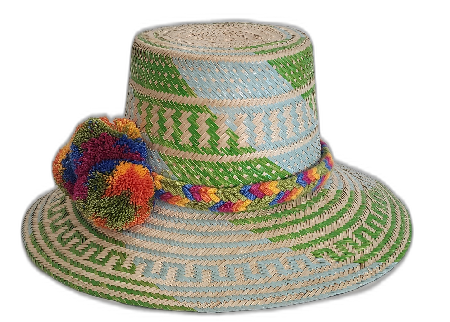 Colorful Boho straw hat with bold geometric patterns and pompoms