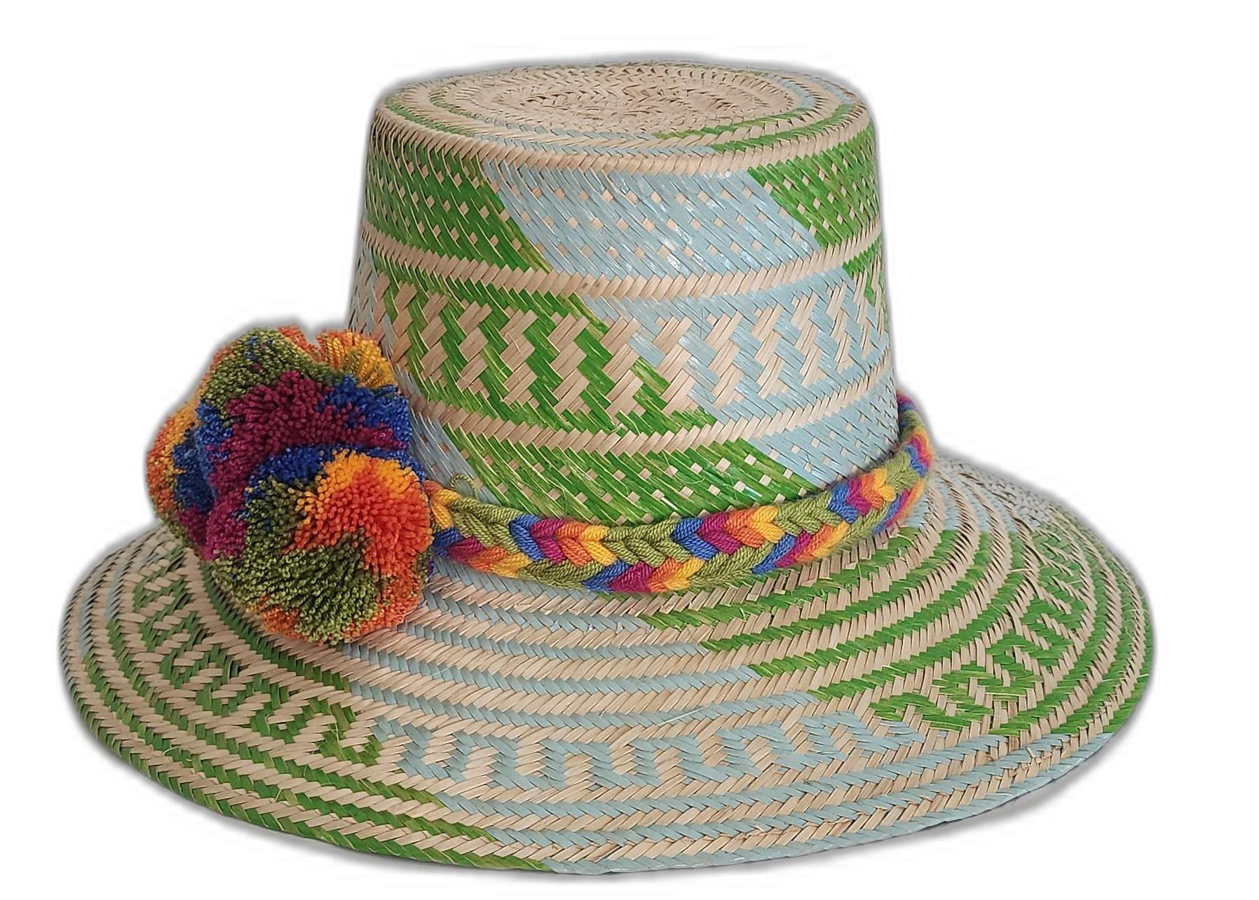 Colorful Boho straw hat with bold geometric patterns and pompoms