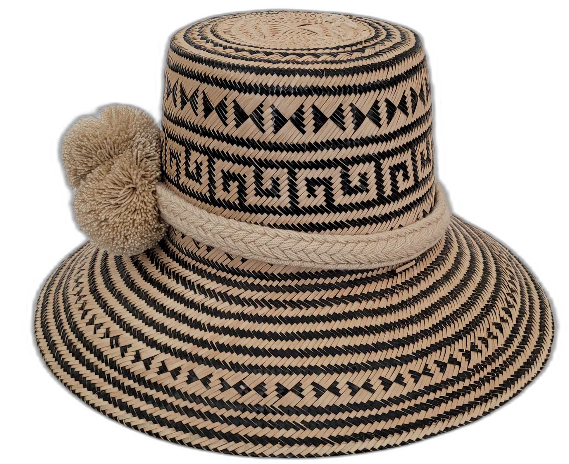 Boho straw hat with geometric Wayuu design in natural and black, finished with twin pompoms

