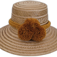 Handmade Wayuu boho straw hat with golden pompoms and natural woven pattern.

