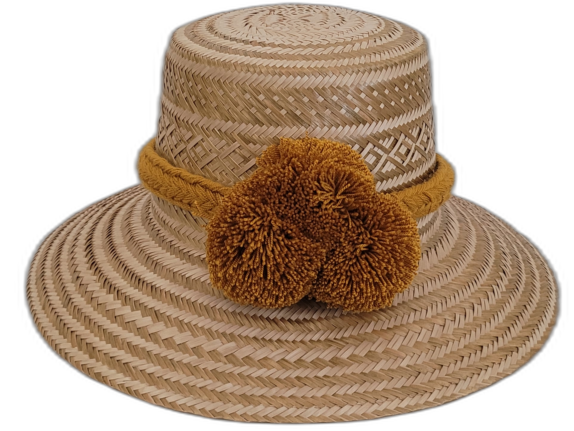 Handmade Wayuu boho straw hat with golden pompoms and natural woven pattern.

