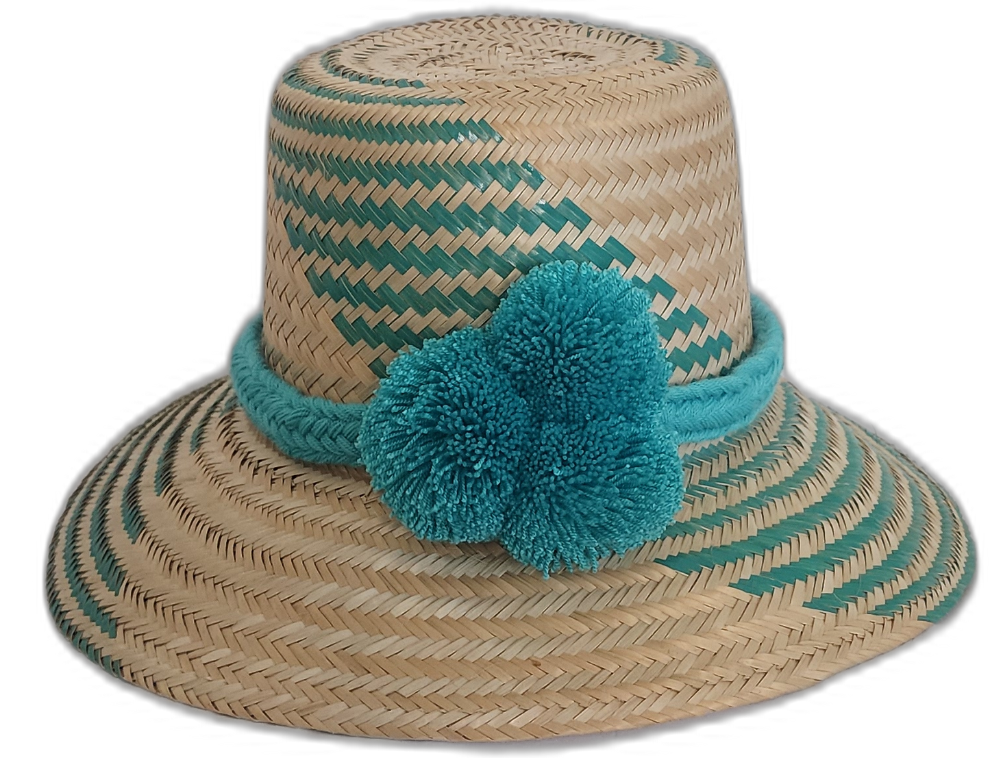 Handmade Wayuu straw hat with green chevron weave and large turquoise pompoms.Boho hat with bright blue pompoms and handwoven artisan design

