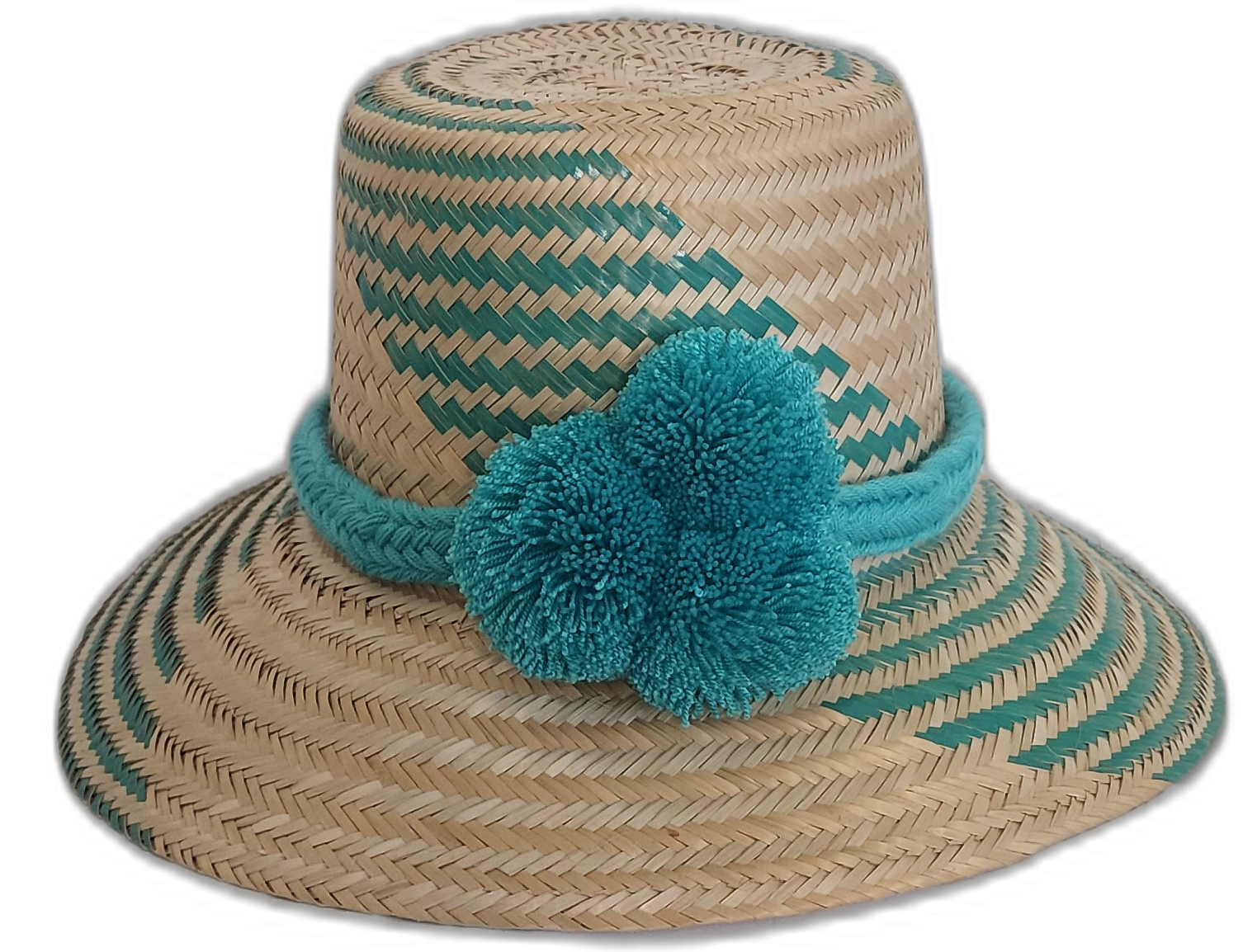 Handmade Wayuu straw hat with green chevron weave and large turquoise pompoms.Boho hat with bright blue pompoms and handwoven artisan design

