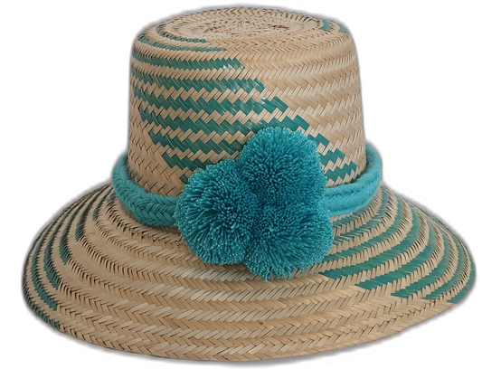 Handmade Wayuu straw hat with green chevron weave and large turquoise pompoms.Boho hat with bright blue pompoms and handwoven artisan design

