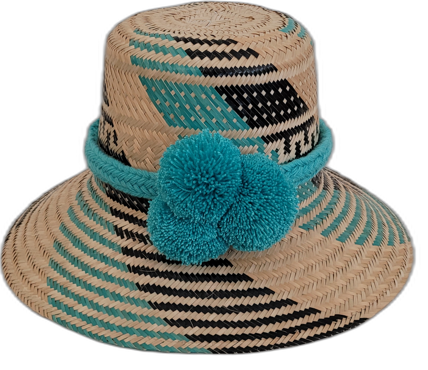 Handmade Wayuu boho straw hat with bright turquoise pompoms and artisan weave.

