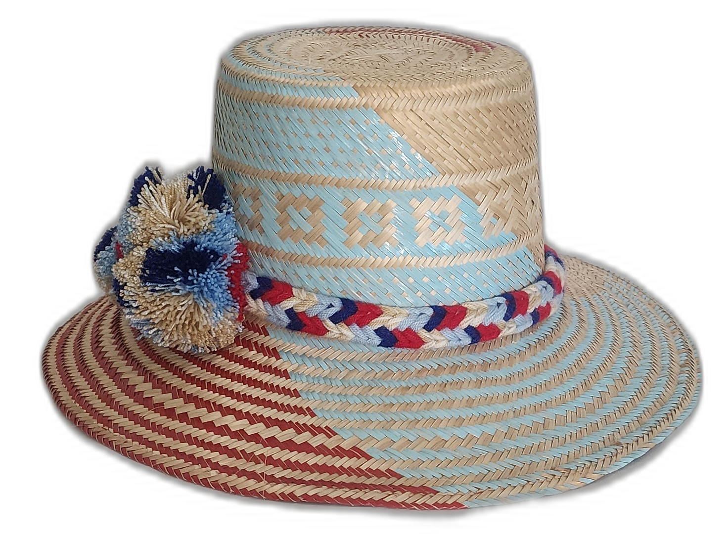 Boho chick straw hat featuring bright pompoms and artisan detail