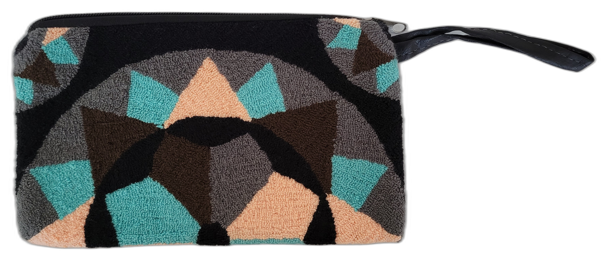1 Boho chick punch needle clutch in muted tones with geometric starburst pattern

