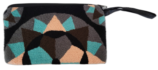 Boho chick punch needle clutch in muted tones with geometric starburst pattern

