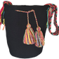 Colorful Wayuu bag featuring black base, rainbow tassels, and braided strap. Ethically handmade and ideal as a beach or summer crochet bag.
