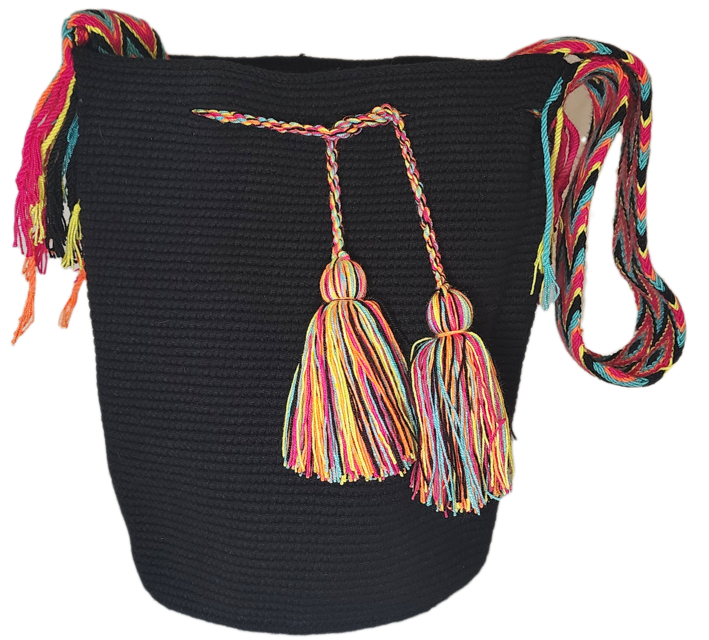 Colorful Wayuu bag featuring black base, rainbow tassels, and braided strap. Ethically handmade and ideal as a beach or summer crochet bag.