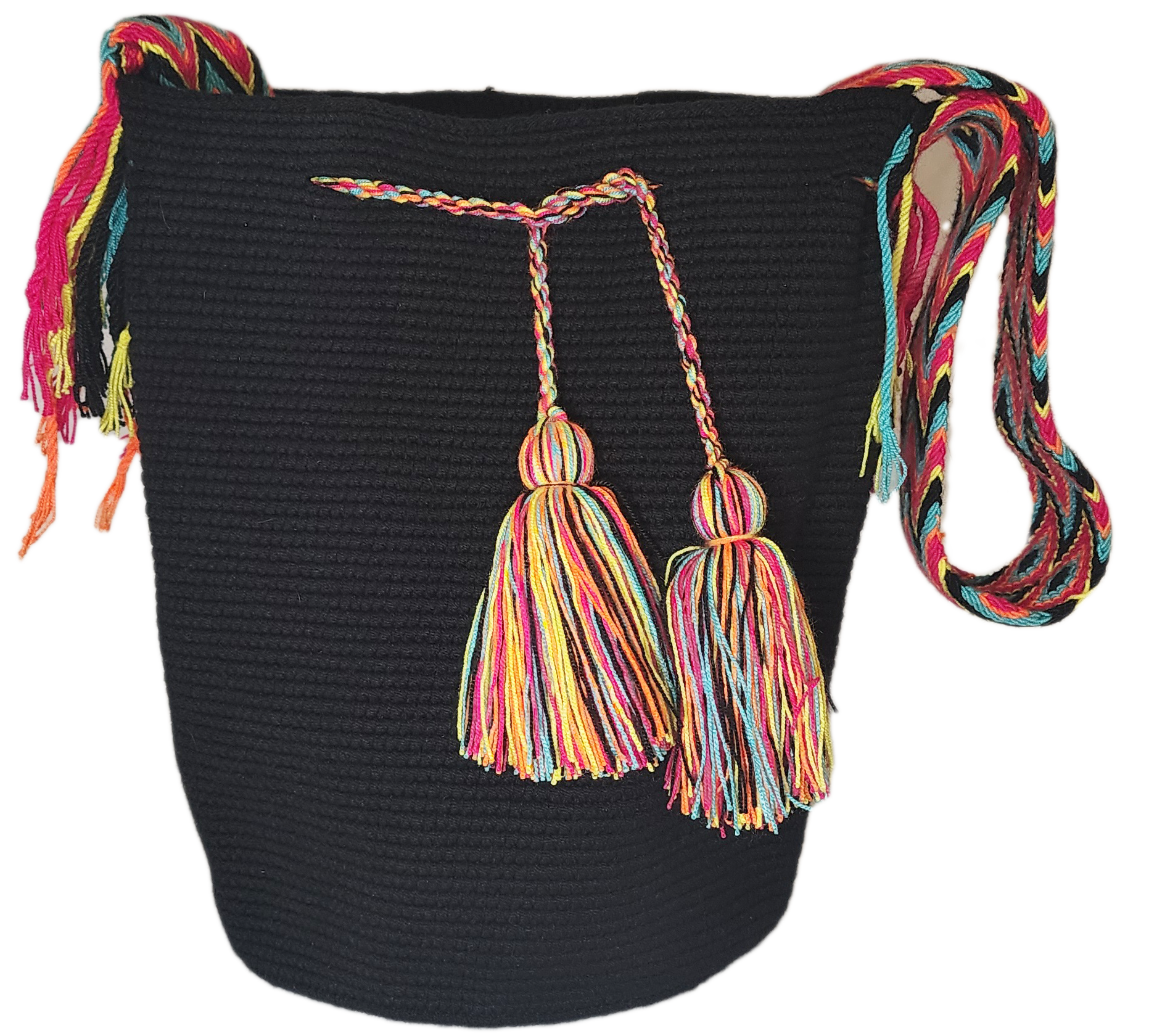 Colorful Wayuu bag featuring black base, rainbow tassels, and braided strap. Ethically handmade and ideal as a beach or summer crochet bag.
