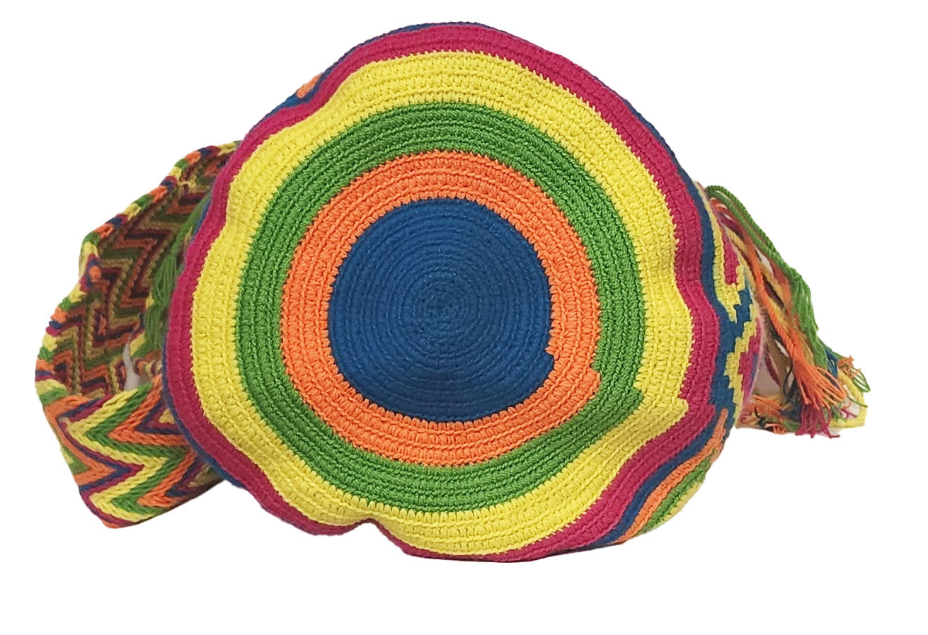 "Handmade Wayuu crochet bag from Colombia, vibrant with cultural patterns and colors, supporting fair trade and Wayuu heritag
