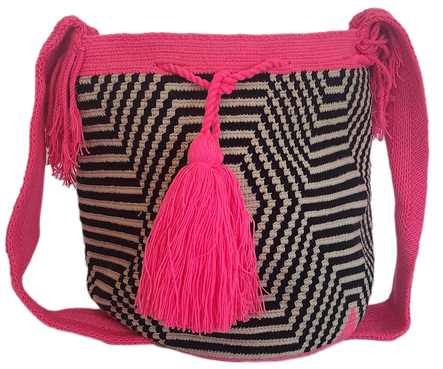 Boho-style Wayuu bag in tribal zigzag pattern, featuring bright pink crochet strap and tassels — artisan-made for modern bohemian fashion lovers.