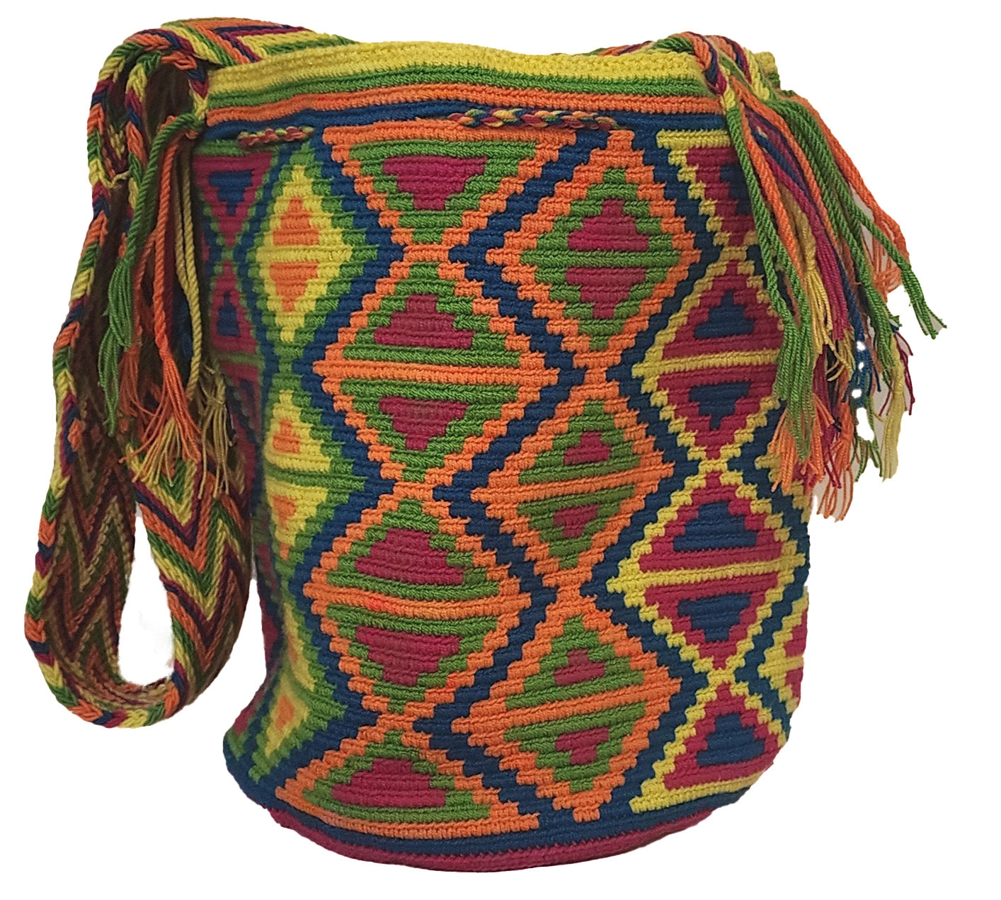 Handmade Wayuu Bohemian crochet bag from Colombia, vibrant with cultural patterns and  boho colors, supporting fair trade and Wayuu heritage