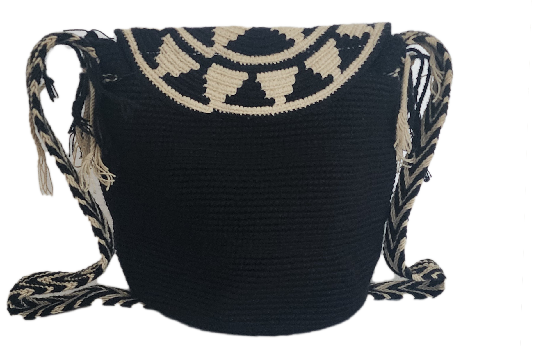 Artisan-crafted Wayuu bag featuring black and cream circular crochet design with fringe and chevron strap — bohemian and stylish.