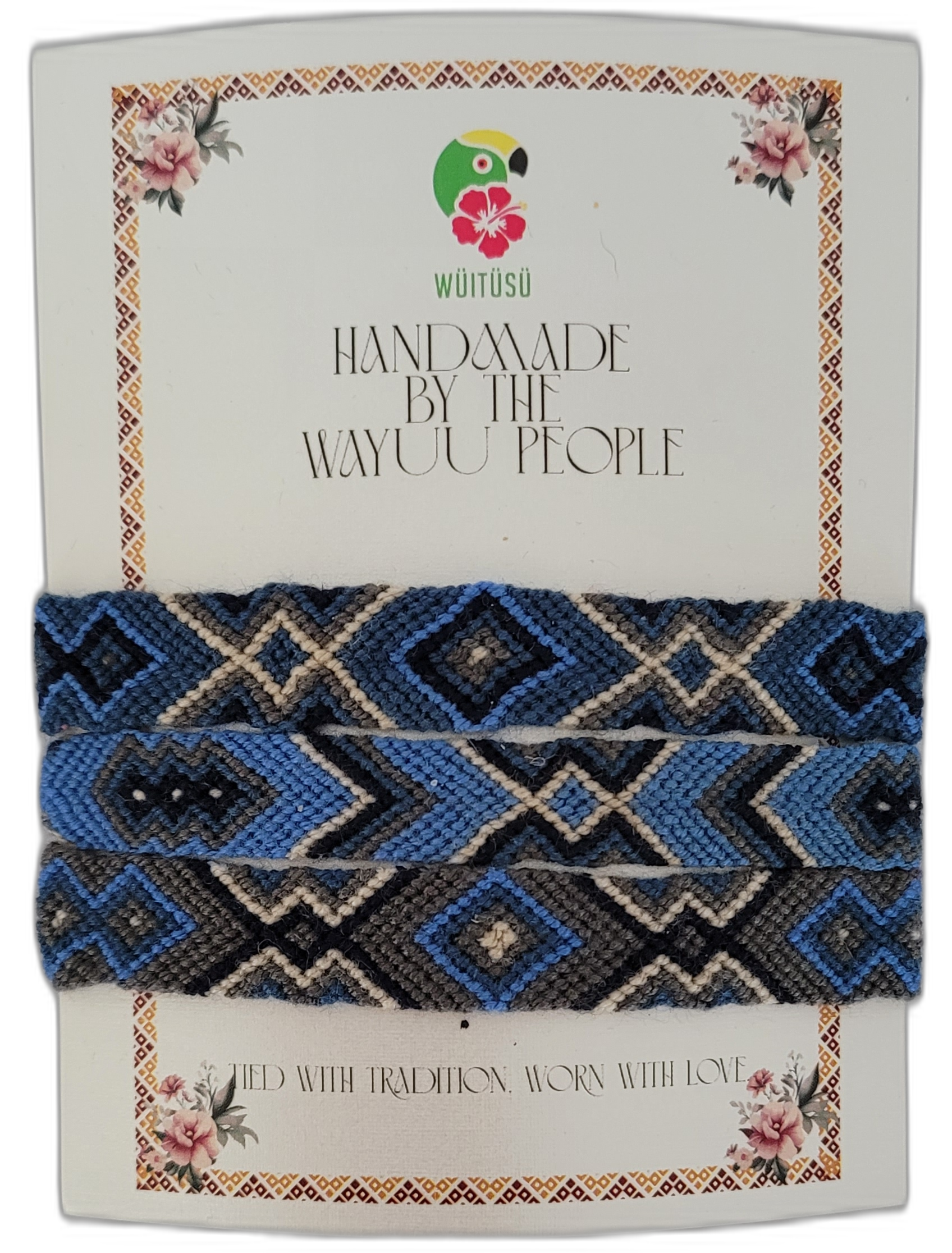 1 Handmade Wayuu friendship bracelet featuring blue, black, gray, and cream — a beautiful Boho chic accessory with tribal patterns and artisan tradition.