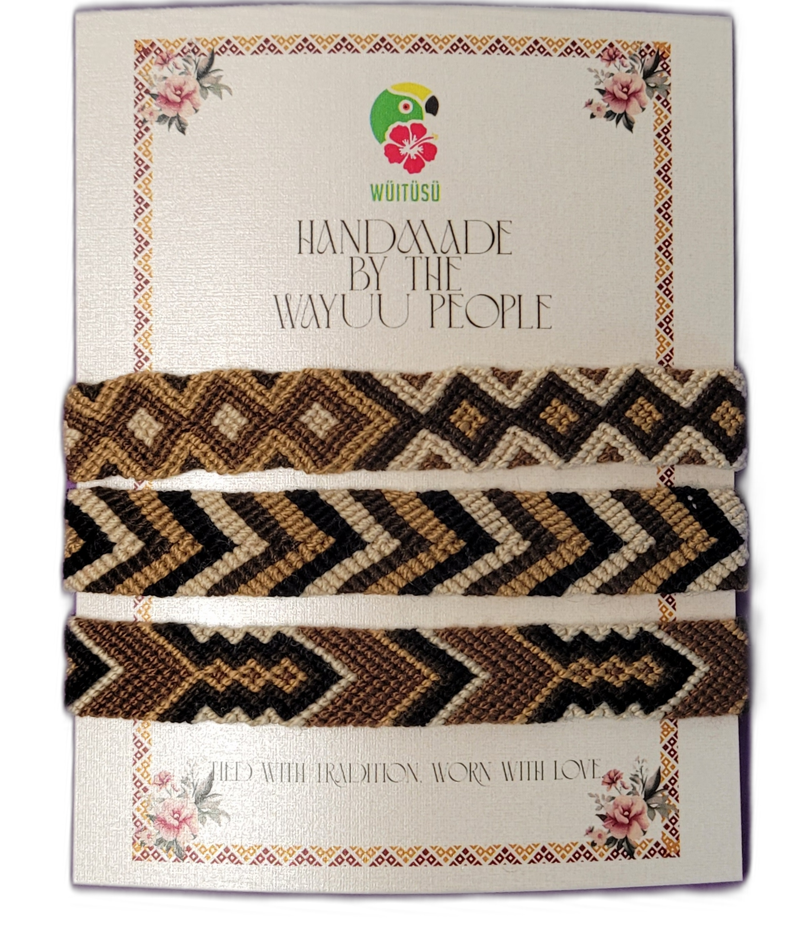 1 Handmade Wayuu friendship bracelets in black, brown, tan, and cream with tribal geometric patterns


