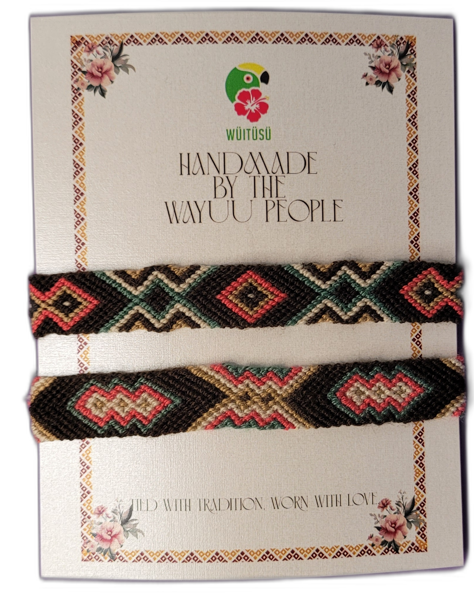 1 Handmade Wayuu friendship bracelets in black, coral, green, and cream with tribal geometric patterns