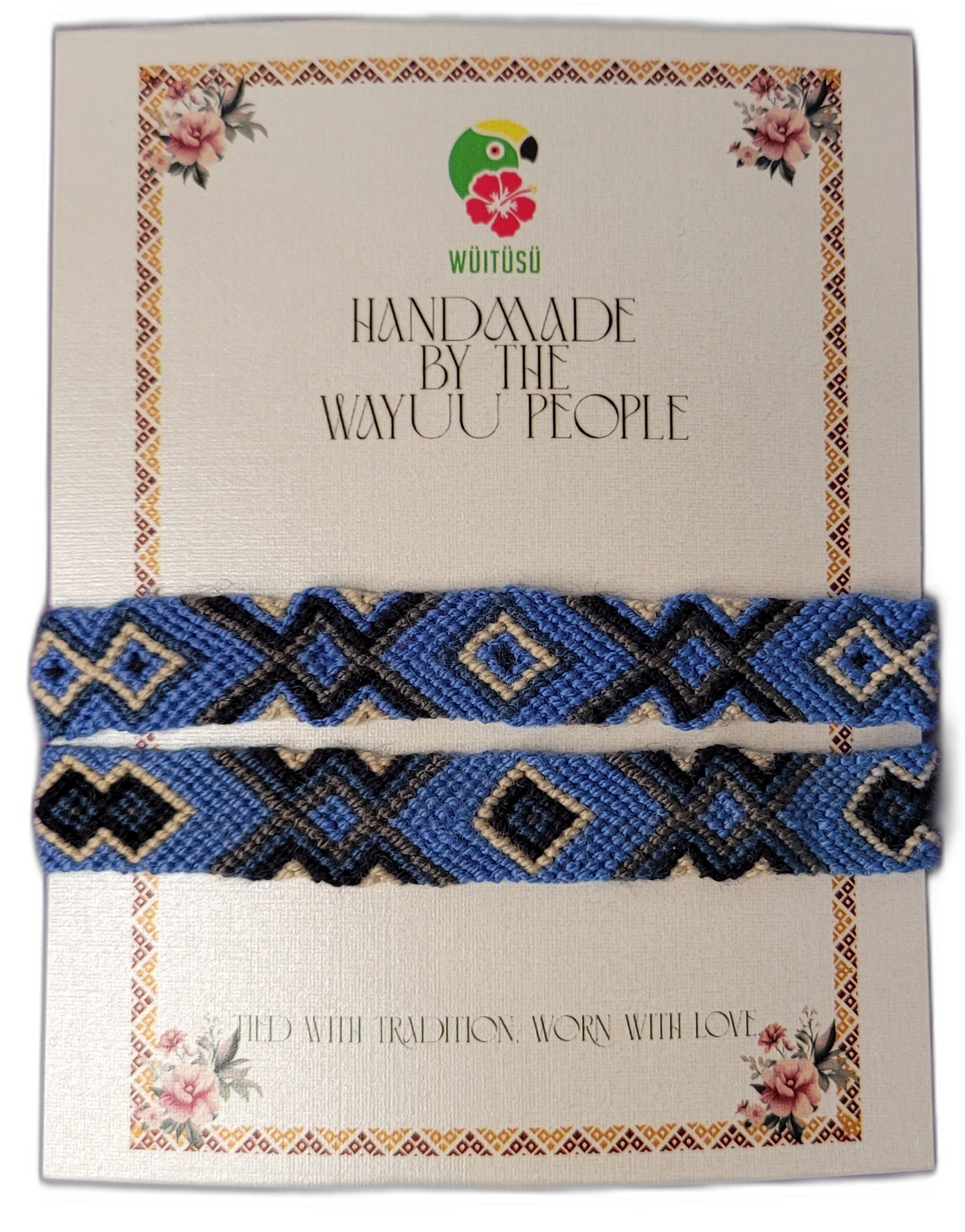 1 Artisan Wayuu bracelets in blue, black, gray, and cream with bold tribal patterns and motifs