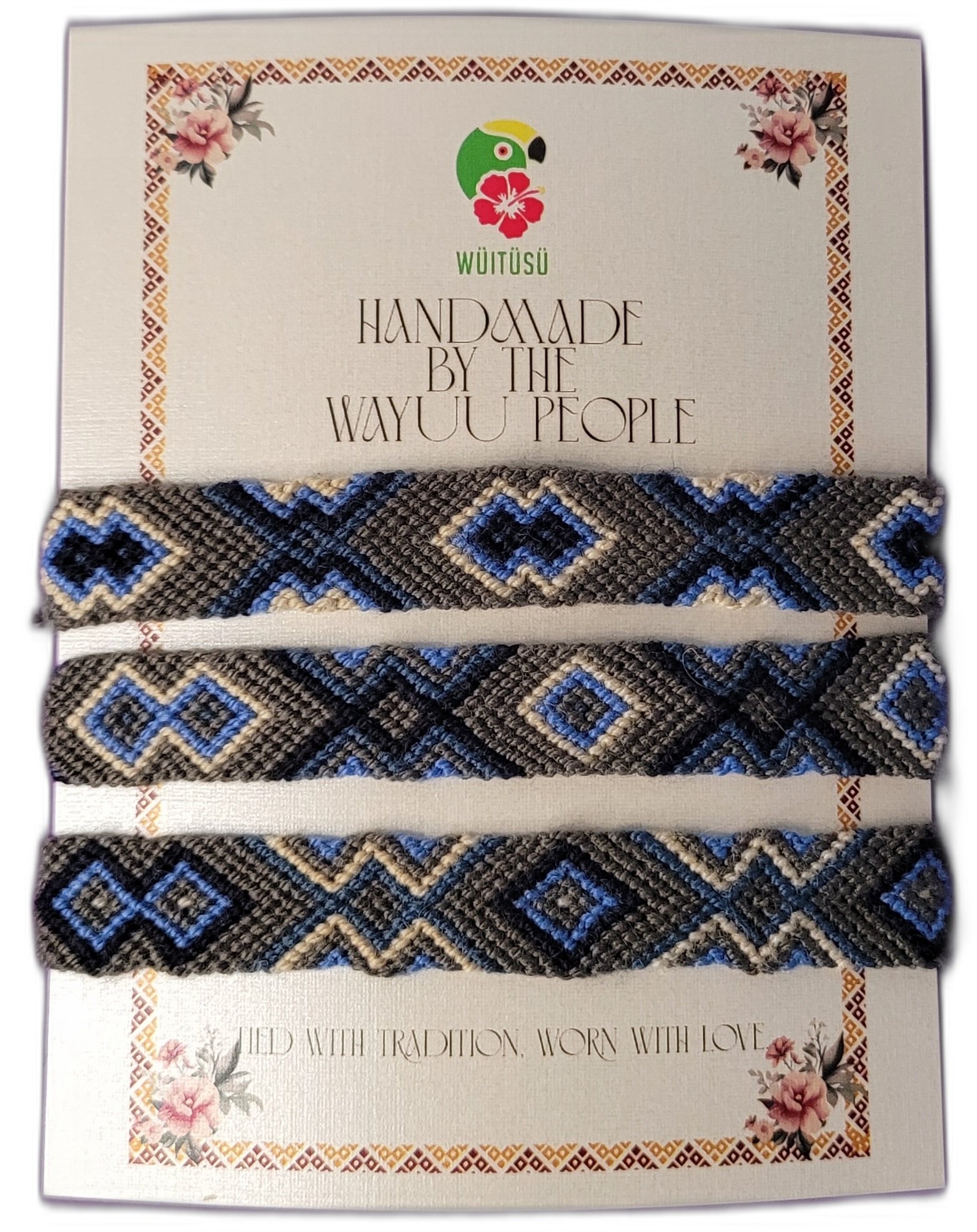 1 Handmade Wayuu friendship bracelets in blue, gray, and black with tribal geometric patterns